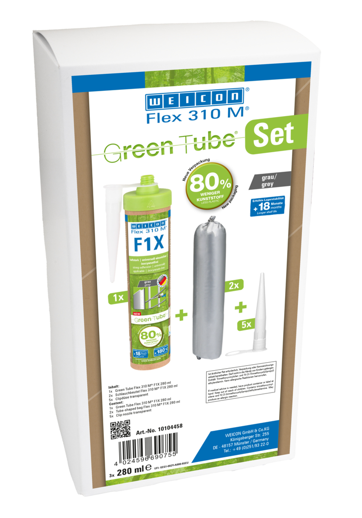 WEICON Green Tube Flex 310 M F1X | Adhesivo y sellador a base de polímero MS con una adhesión inicial muy alta, resistente a temperaturas de hasta 180°C