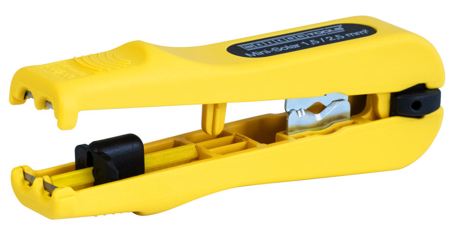 Mini-Solar 1,5/2,5 mm² | para pelar y desaislar cables fotovoltaicos comunes I rango de trabajo 1,5 & 2,5 mm². Mini-Solar 1,5/2,5 mm² | para pelar y desaislar cables fotovoltaicos comunes I rango de trabajo 1,5 & 2,5 mm².
