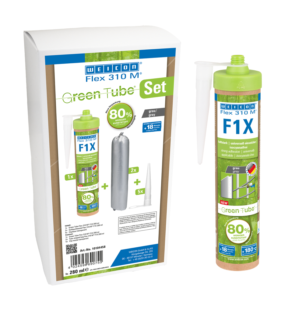 WEICON Green Tube Flex 310 M F1X | Adhesivo y sellador a base de polímero MS con una adhesión inicial muy alta, resistente a temperaturas de hasta 180°C