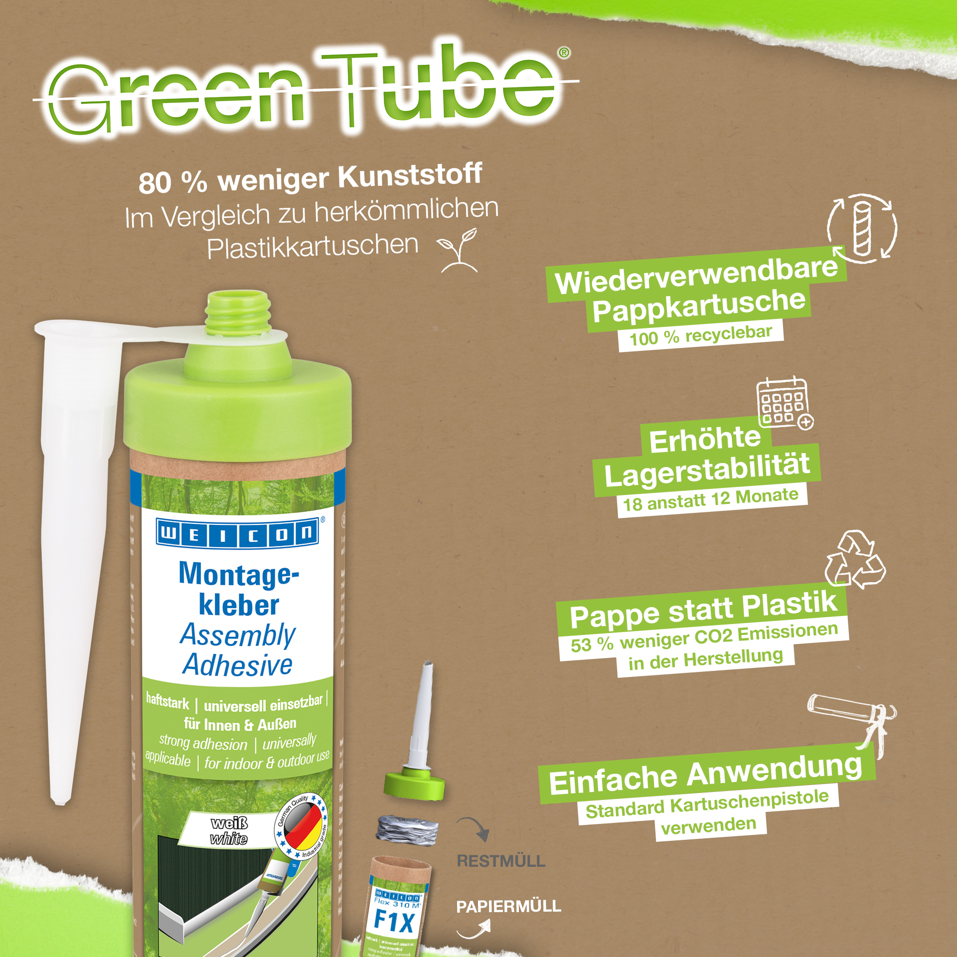 WEICON Green Tube Adhesivo de Montaje | potente adhesivo universal para interiores y exteriores