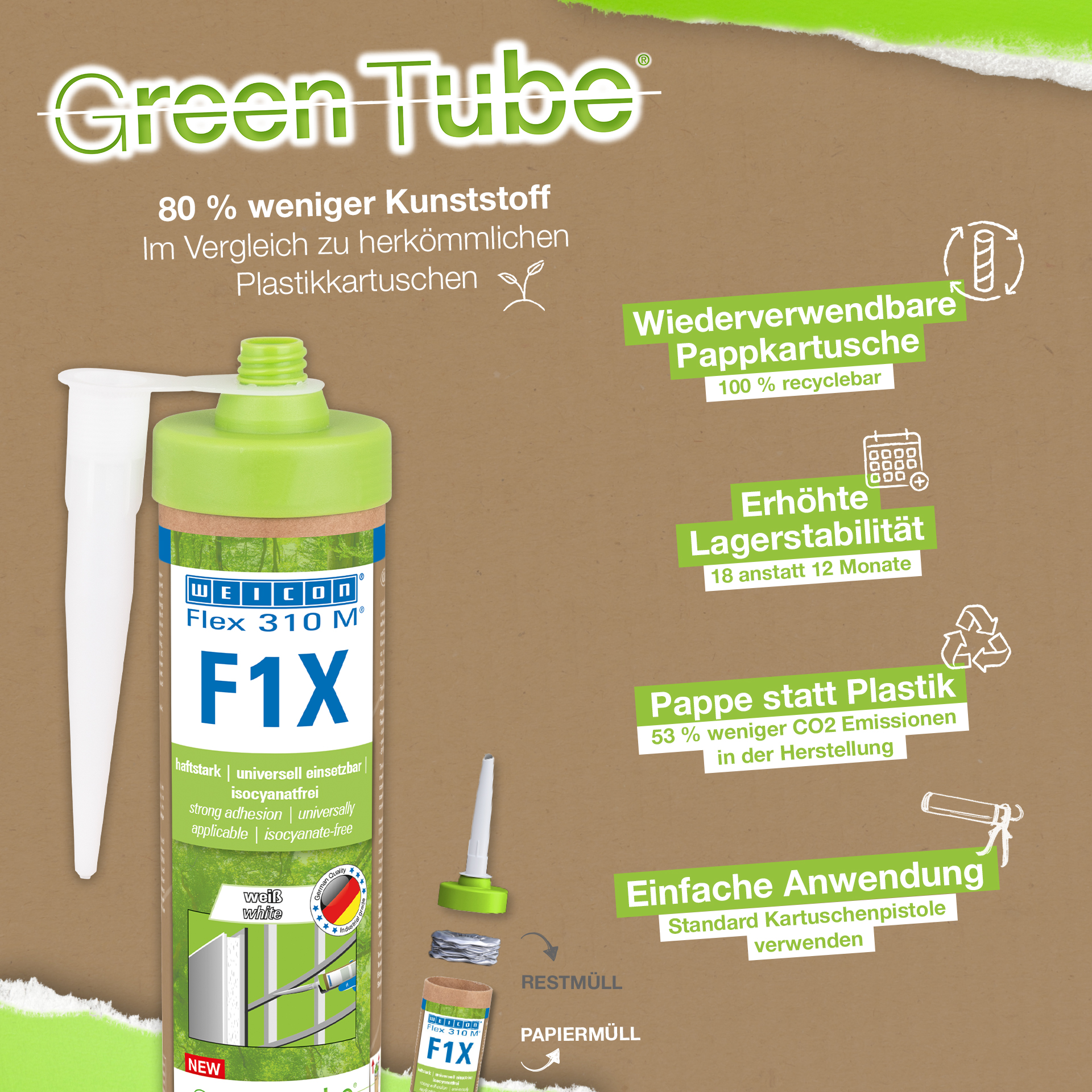 WEICON Green Tube Flex 310 M F1X | Adhesivo y sellador a base de polímero MS con una adhesión inicial muy alta, resistente a temperaturas de hasta 180°C