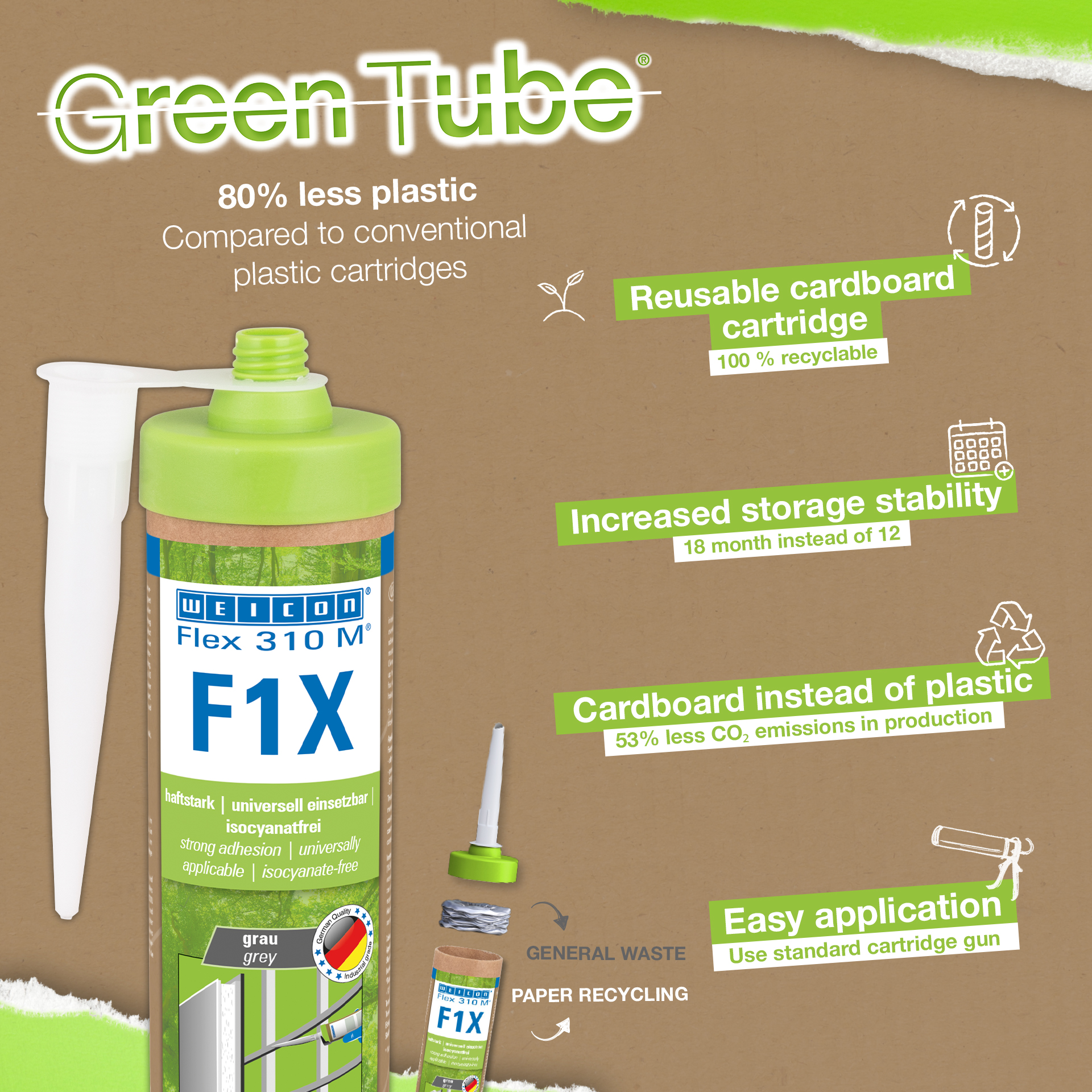WEICON Green Tube Flex 310 M F1X | Adhesivo y sellador a base de polímero MS con una adhesión inicial muy alta, resistente a temperaturas de hasta 180°C