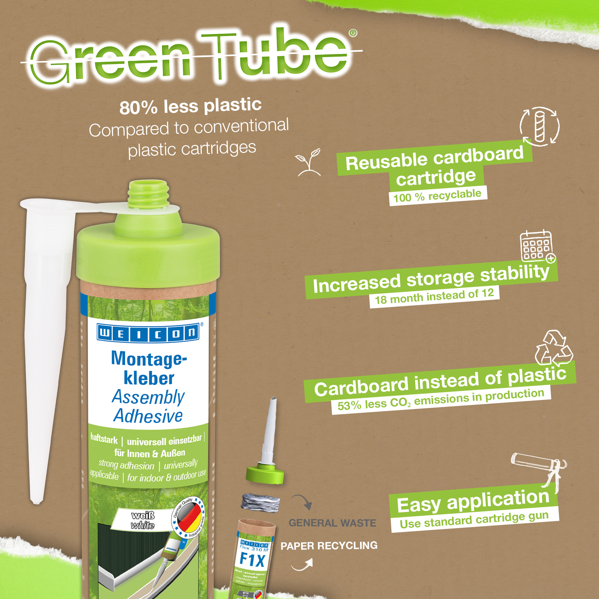 WEICON Green Tube Adhesivo de Montaje | potente adhesivo universal para interiores y exteriores